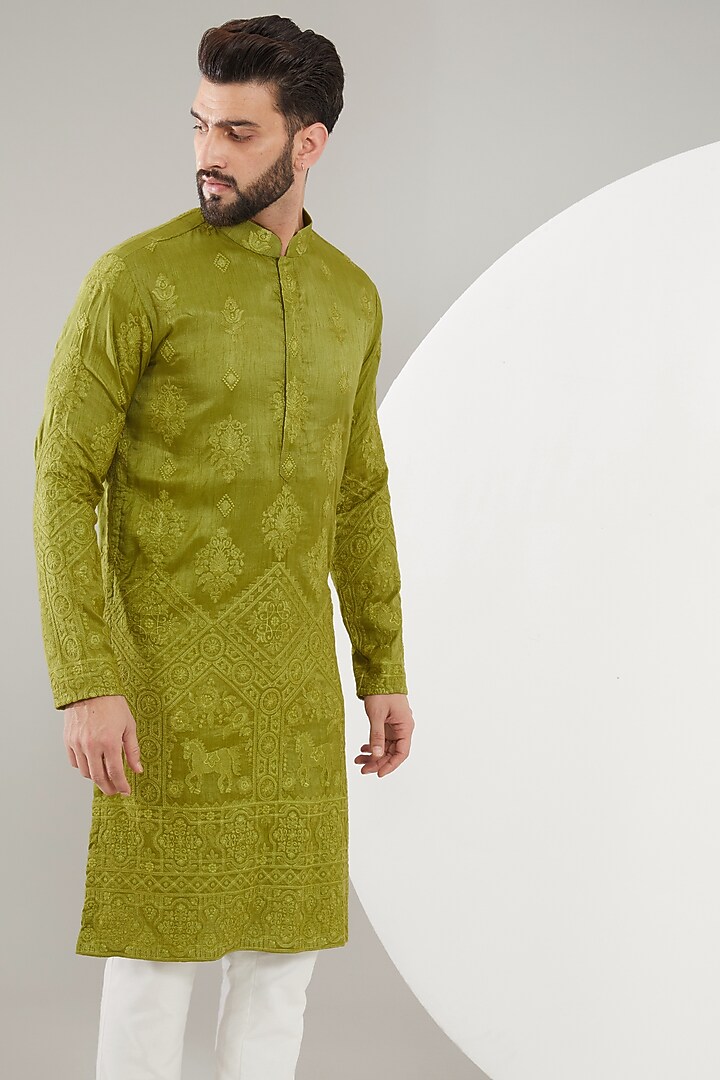 Mehendi Green Silk Thread Embroidered Kurta by Kasbah Clothing at Pernia's Pop Up Shop