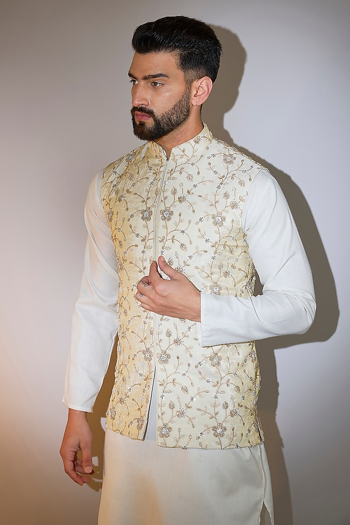 Cream Viscose Tissue Cutdana Embellished Nehru Jacket by Kasbah Clothing