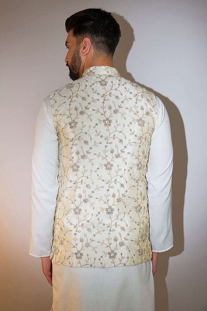 Cream Viscose Tissue Cutdana Embellished Nehru Jacket by Kasbah Clothing at Pernia's Pop Up Shop