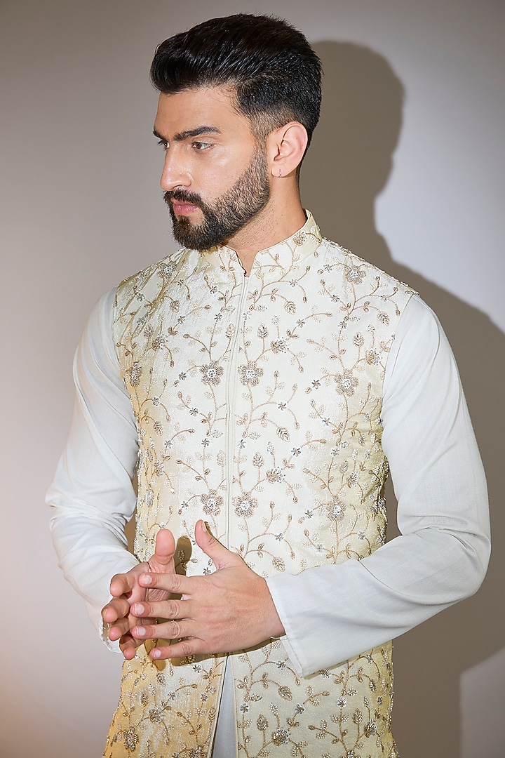 Cream Viscose Tissue Cutdana Embellished Nehru Jacket by Kasbah Clothing at Pernia's Pop Up Shop
