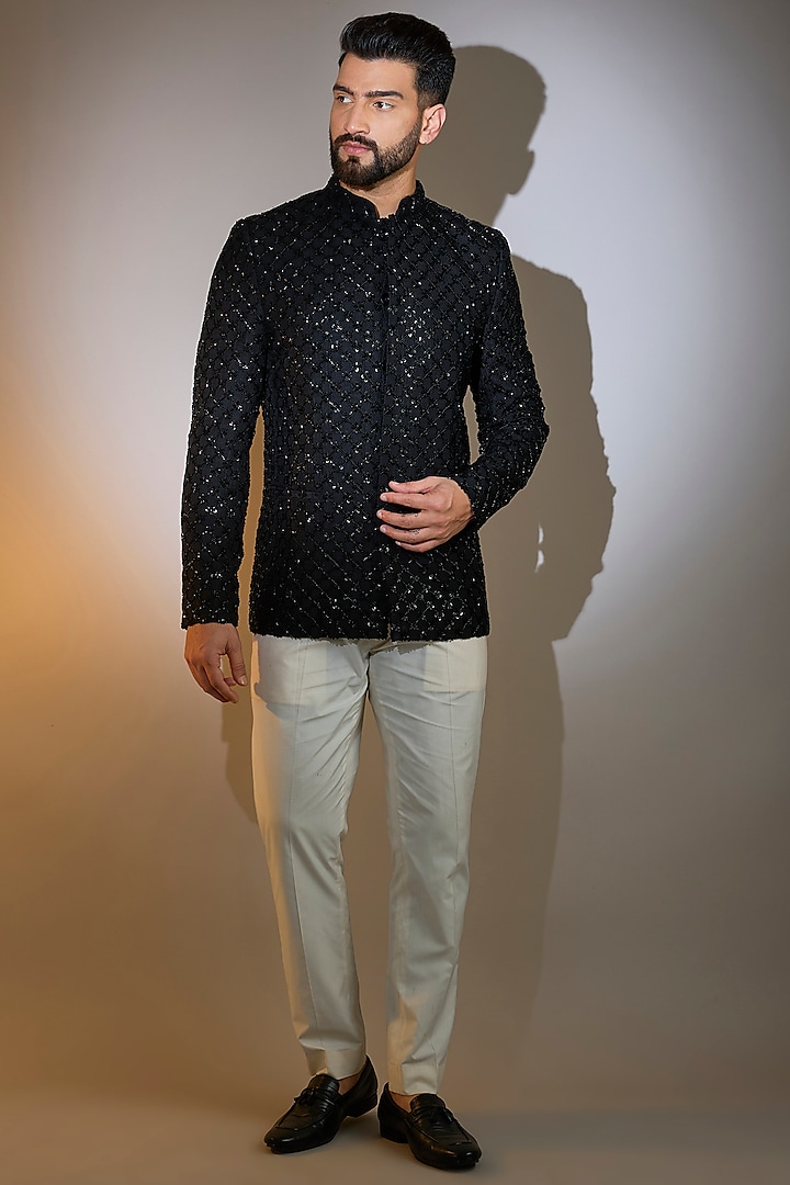 Black Silk Cutdana Embellished Wedding Bandhgala by Kasbah Clothing at Pernia's Pop Up Shop