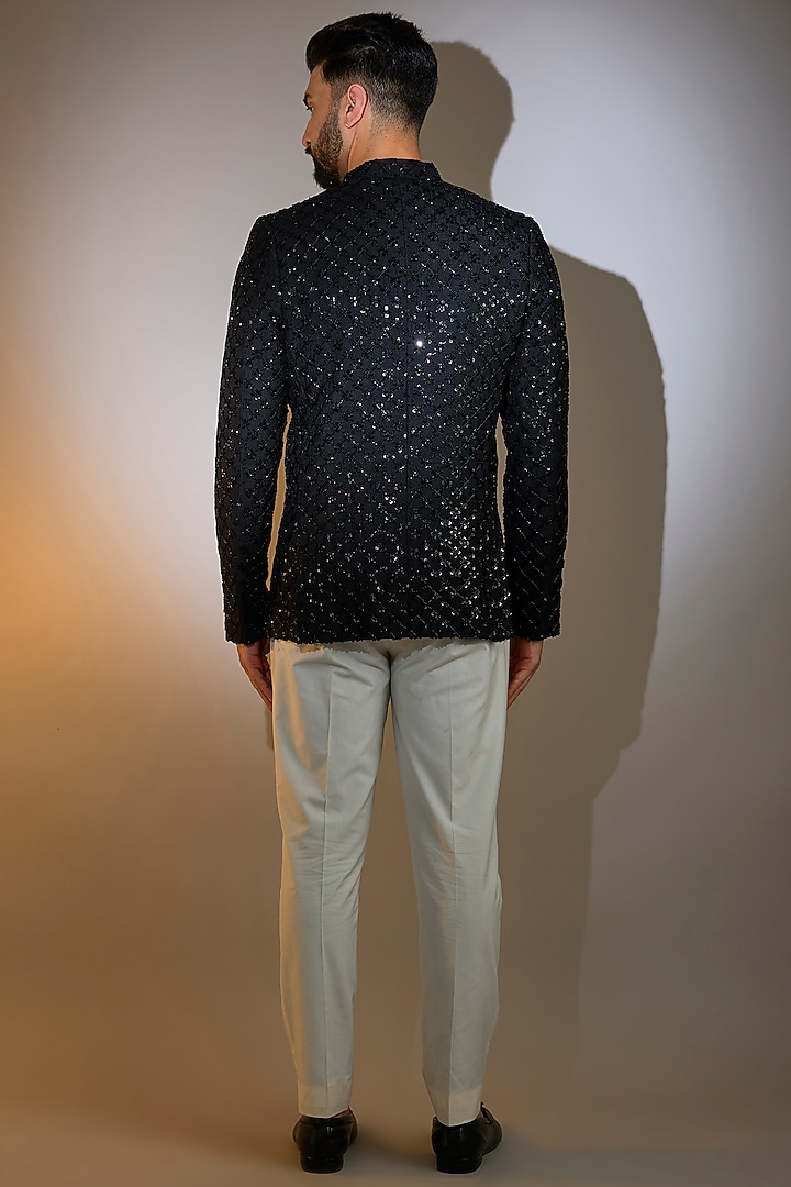 Black Silk Cutdana Embellished Wedding Bandhgala by Kasbah Clothing at Pernia's Pop Up Shop