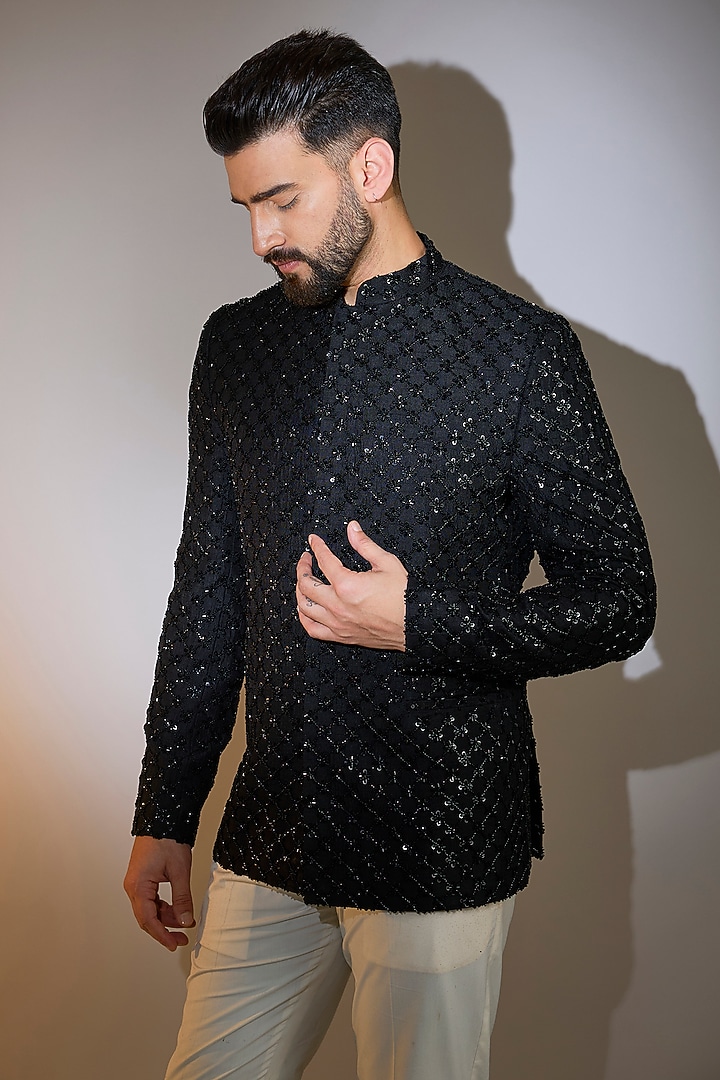 Black Silk Cutdana Embellished Wedding Bandhgala by Kasbah Clothing at Pernia's Pop Up Shop