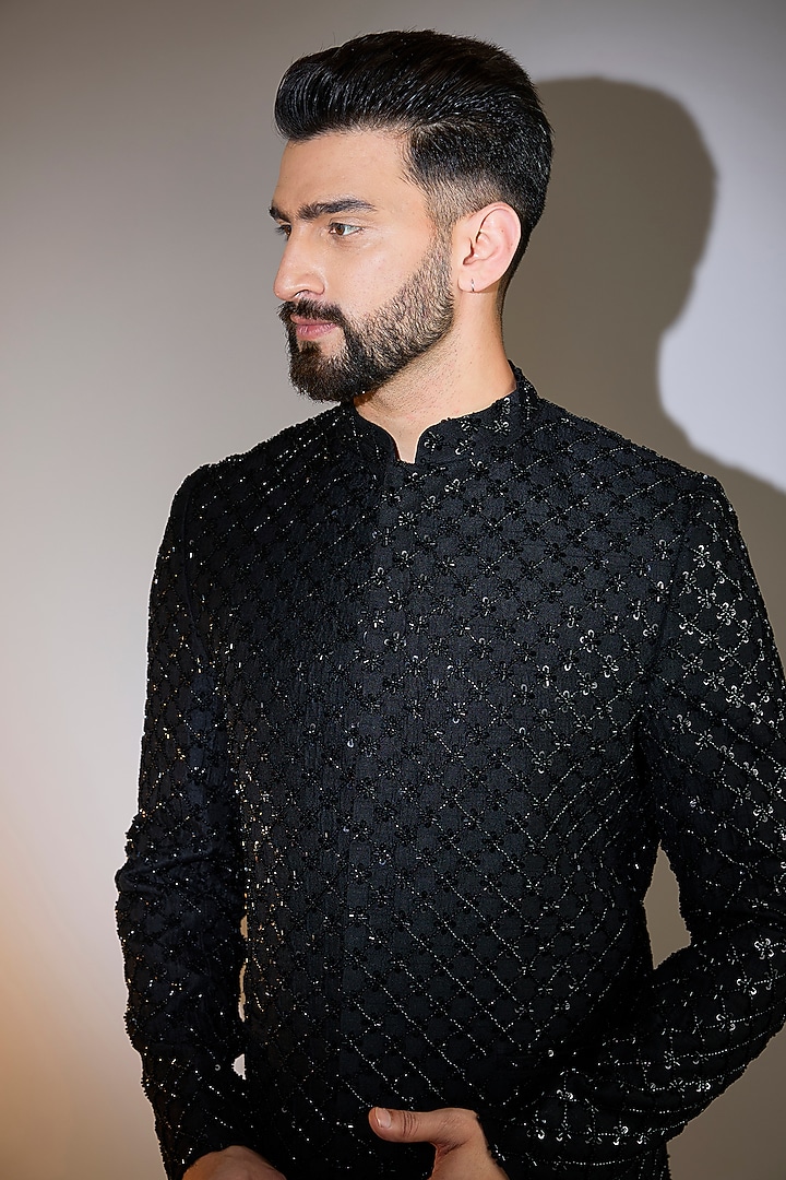 Black Silk Cutdana Embellished Wedding Bandhgala by Kasbah Clothing at Pernia's Pop Up Shop