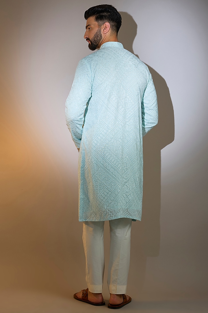 Powder Blue Georgette Machine Embroidered Chikankari Kurta by Kasbah Clothing at Pernia's Pop Up Shop