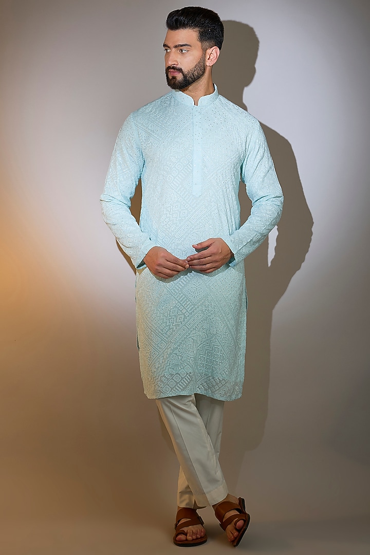 Powder Blue Georgette Machine Embroidered Chikankari Kurta by Kasbah Clothing at Pernia's Pop Up Shop