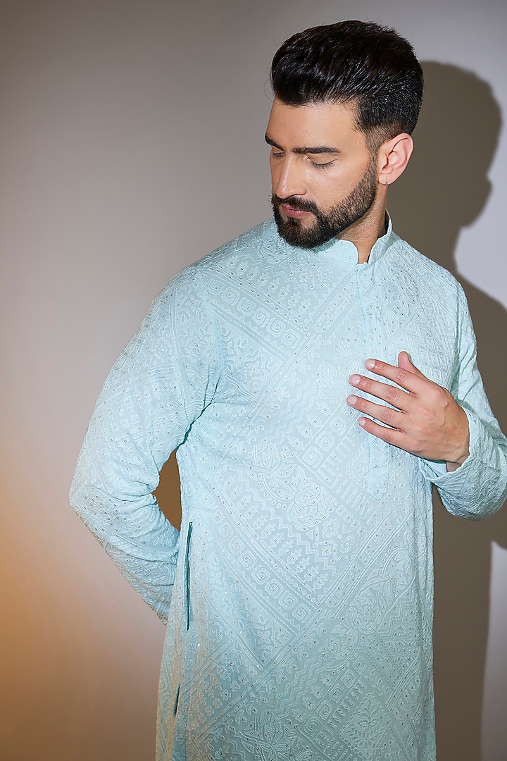 Powder Blue Georgette Machine Embroidered Chikankari Kurta by Kasbah Clothing at Pernia's Pop Up Shop