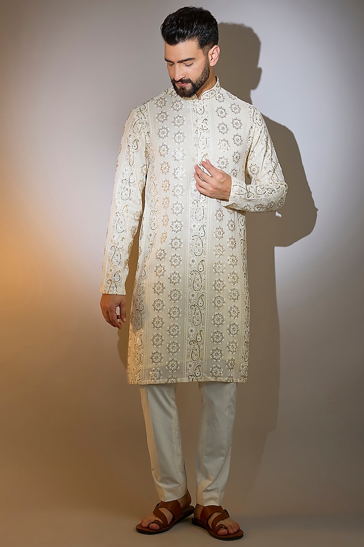 Beige Georgette Machine Embroidered Chikankari Kurta by Kasbah Clothing