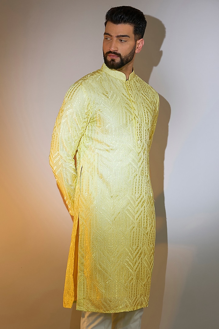 Lime Yellow Silk Machine Embroidered Kurta by Kasbah Clothing at Pernia's Pop Up Shop