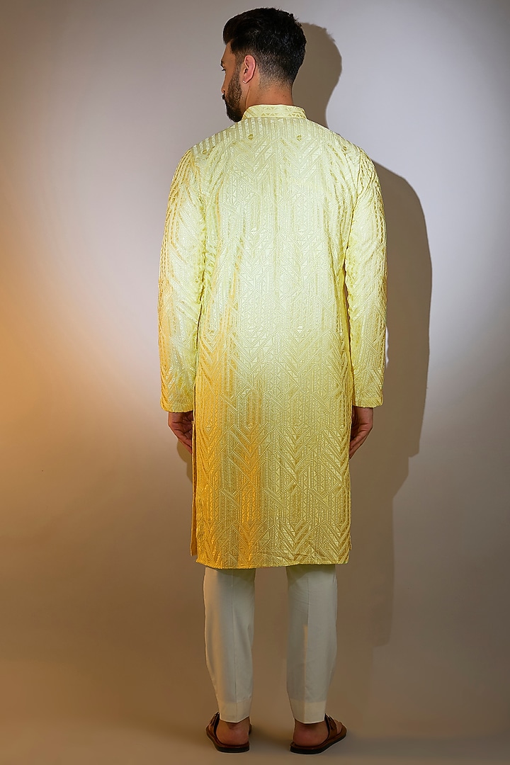 Lime Yellow Silk Machine Embroidered Kurta by Kasbah Clothing at Pernia's Pop Up Shop