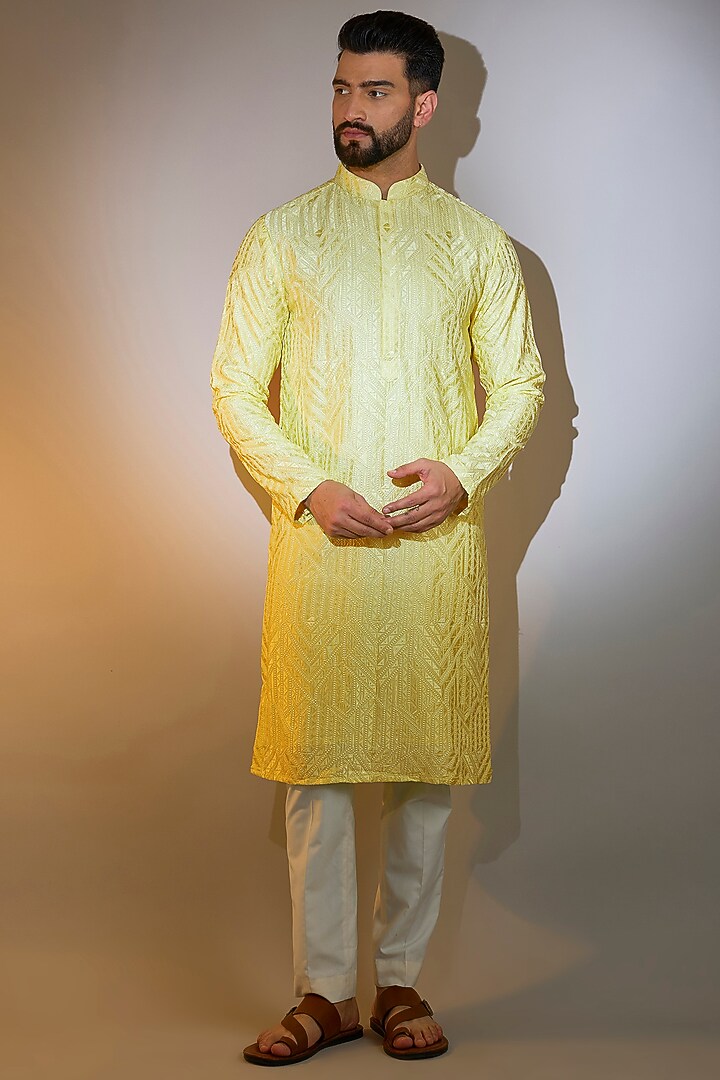 Lime Yellow Silk Machine Embroidered Kurta by Kasbah Clothing at Pernia's Pop Up Shop