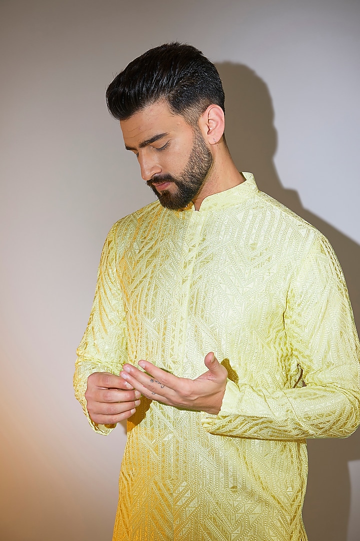 Lime Yellow Silk Machine Embroidered Kurta by Kasbah Clothing at Pernia's Pop Up Shop