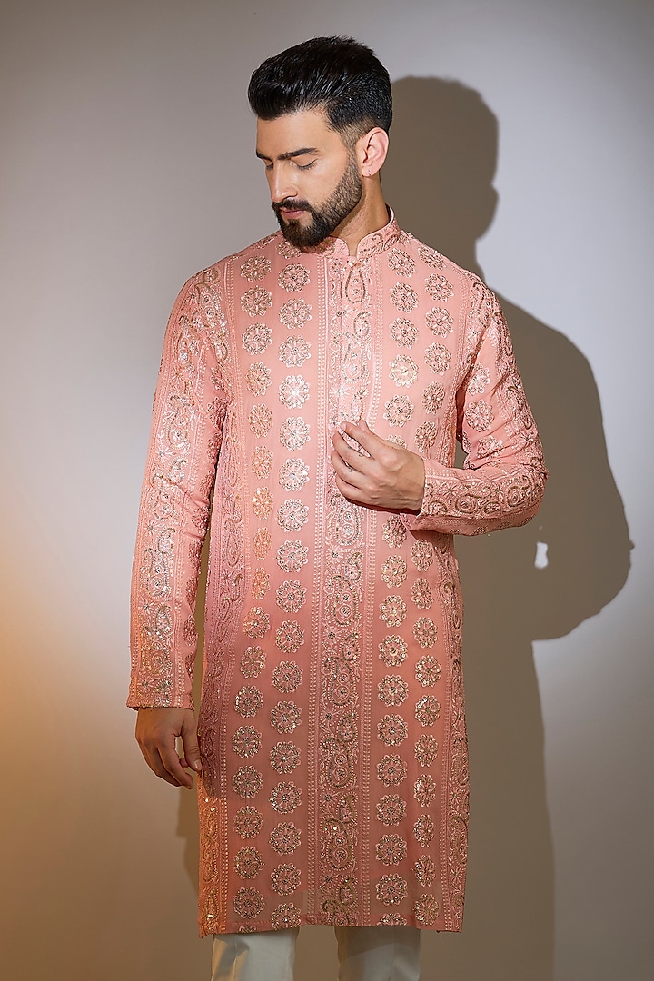 Peach Georgette Machine Embroidered Kurta by Kasbah Clothing