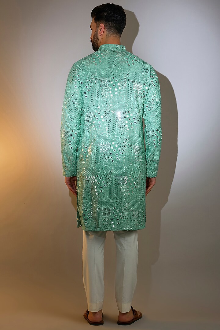 Sage Green Silk Mirror Work Kurta by Kasbah Clothing at Pernia's Pop Up Shop