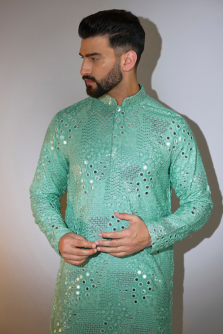 Sage Green Silk Mirror Work Kurta by Kasbah Clothing at Pernia's Pop Up Shop