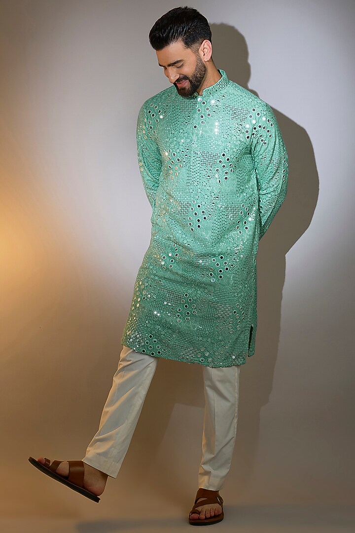 Sage Green Silk Mirror Work Kurta by Kasbah Clothing at Pernia's Pop Up Shop