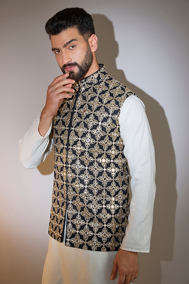 Black Georgette Mirror Work Nehru Jacket by Kasbah Clothing