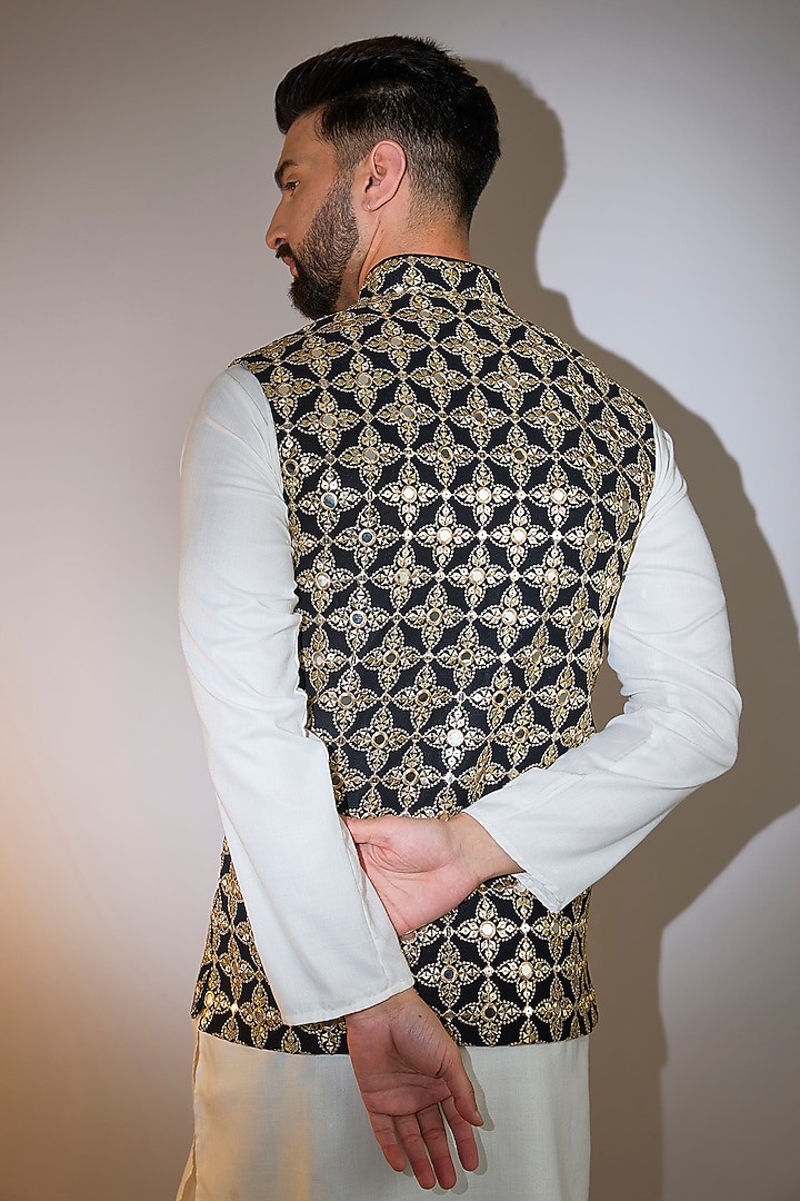 Black Georgette Mirror Work Nehru Jacket by Kasbah Clothing at Pernia's Pop Up Shop