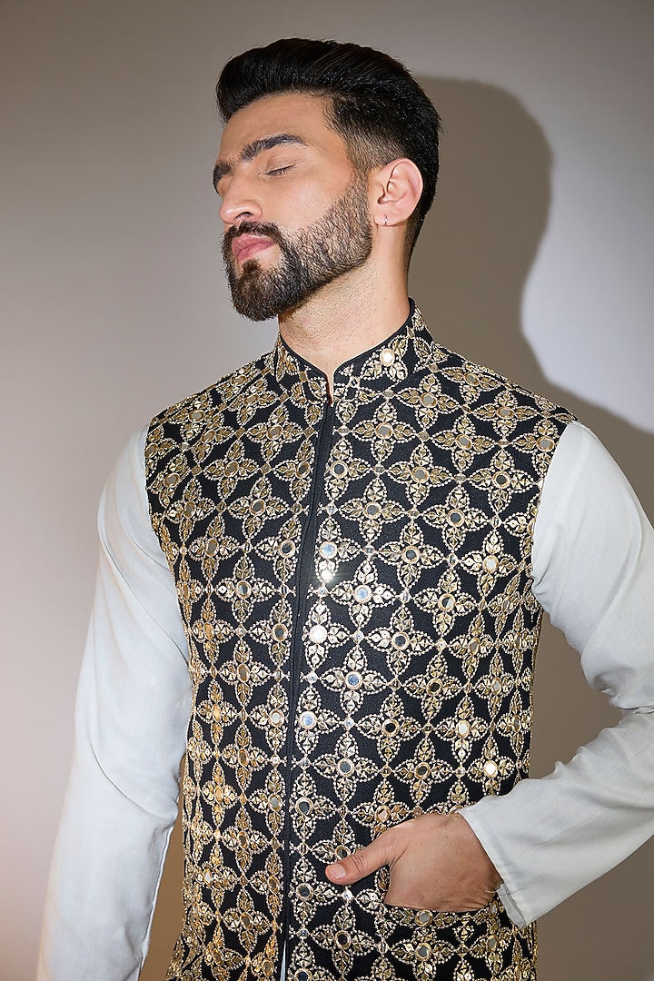 Black Georgette Mirror Work Nehru Jacket by Kasbah Clothing at Pernia's Pop Up Shop