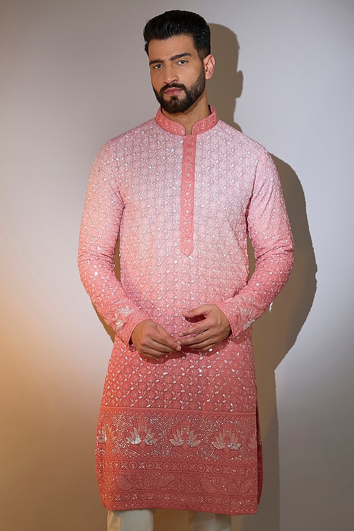 Coral Peach Ombre Georgette Sequins Work Kurta by Kasbah Clothing