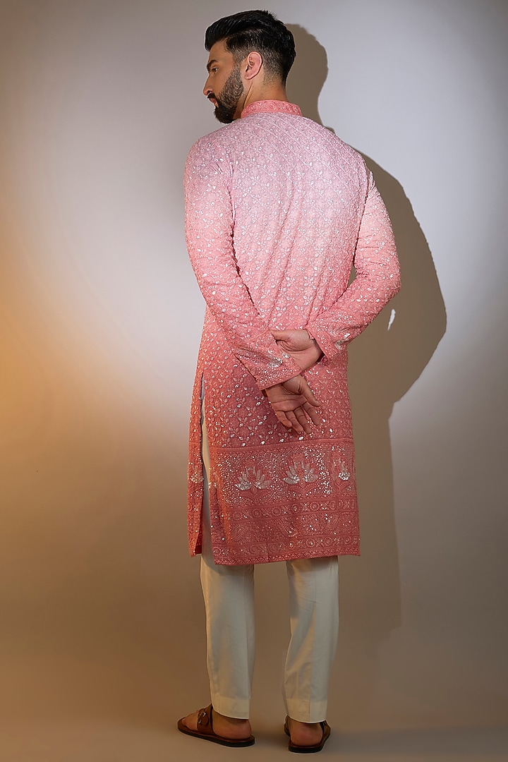 Coral Peach Ombre Georgette Sequins Work Kurta by Kasbah Clothing at Pernia's Pop Up Shop