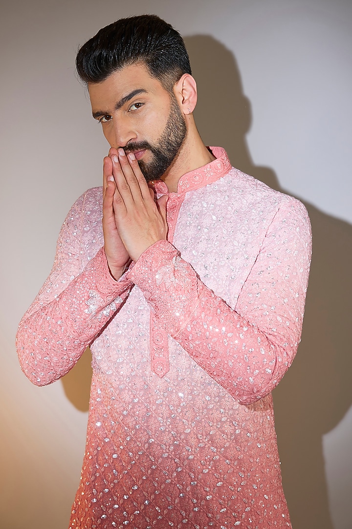 Coral Peach Ombre Georgette Sequins Work Kurta by Kasbah Clothing at Pernia's Pop Up Shop