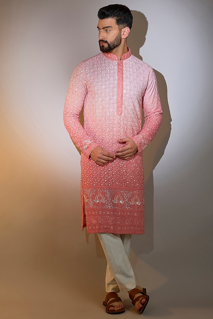 Coral Peach Ombre Georgette Sequins Work Kurta by Kasbah Clothing at Pernia's Pop Up Shop