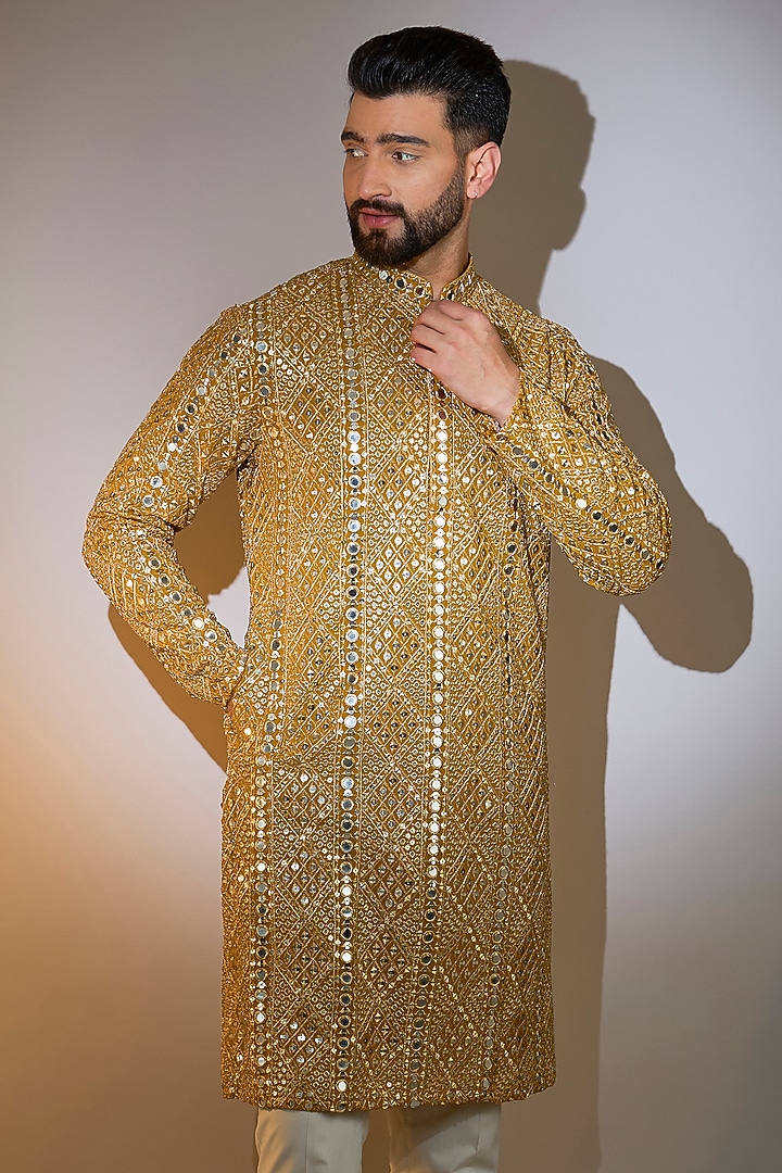 Yellow Georgette Mirror Work Kurta by Kasbah Clothing at Pernia's Pop Up Shop
