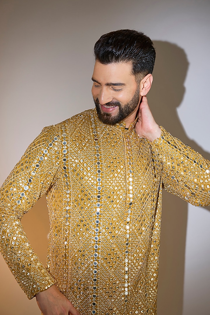 Yellow Georgette Mirror Work Kurta by Kasbah Clothing at Pernia's Pop Up Shop