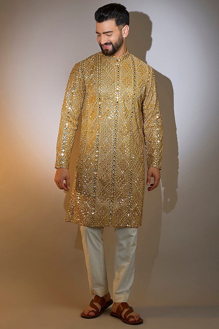 Yellow Georgette Mirror Work Kurta by Kasbah Clothing at Pernia's Pop Up Shop