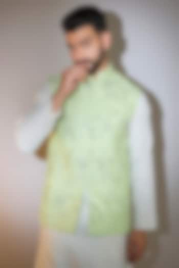 Green Silk Mirror Embellished Nehru Jacket by Kasbah Clothing