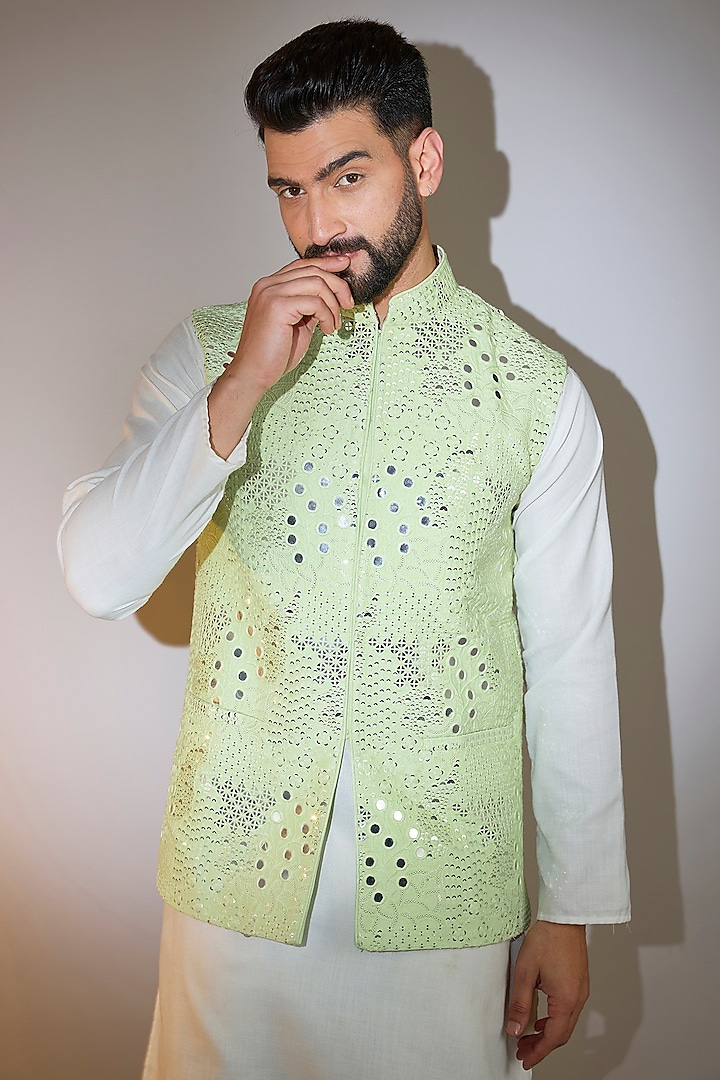 Green Silk Mirror Embellished Nehru Jacket by Kasbah Clothing