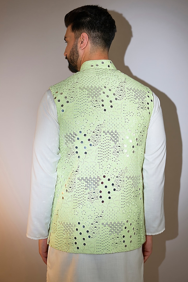 Green Silk Mirror Embellished Nehru Jacket by Kasbah Clothing at Pernia's Pop Up Shop