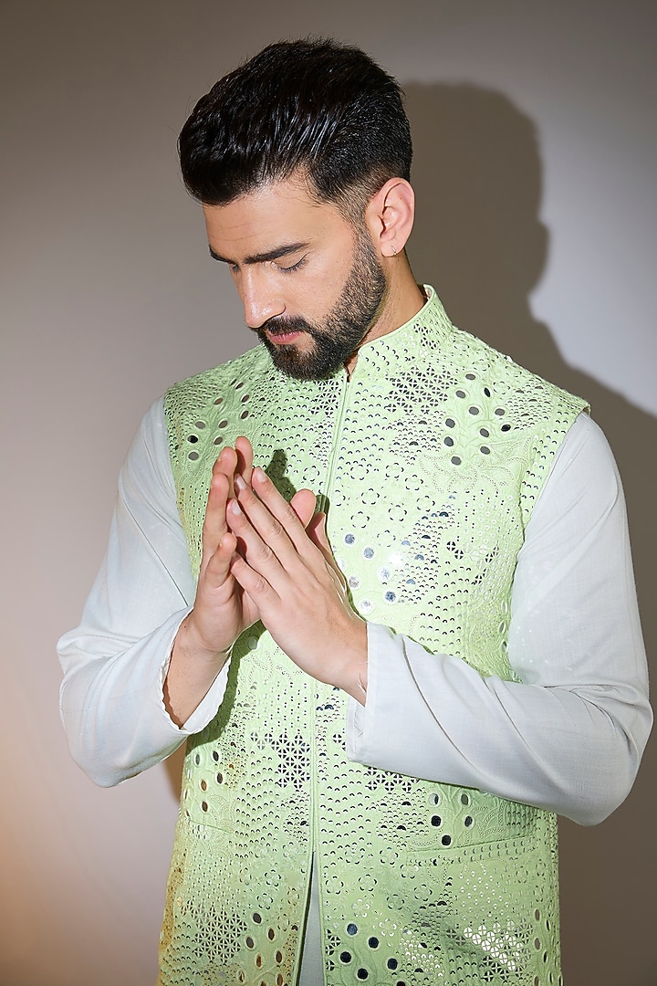 Green Silk Mirror Embellished Nehru Jacket by Kasbah Clothing at Pernia's Pop Up Shop