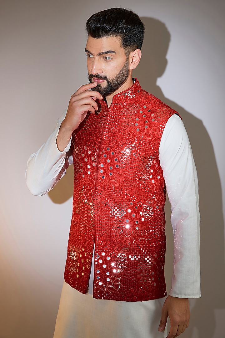 Red Silk Mirror Embellished Nehru Jacket by Kasbah Clothing