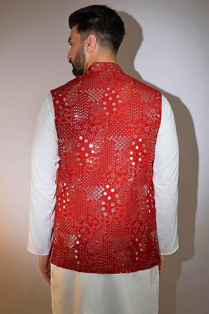 Red Silk Mirror Embellished Nehru Jacket by Kasbah Clothing at Pernia's Pop Up Shop