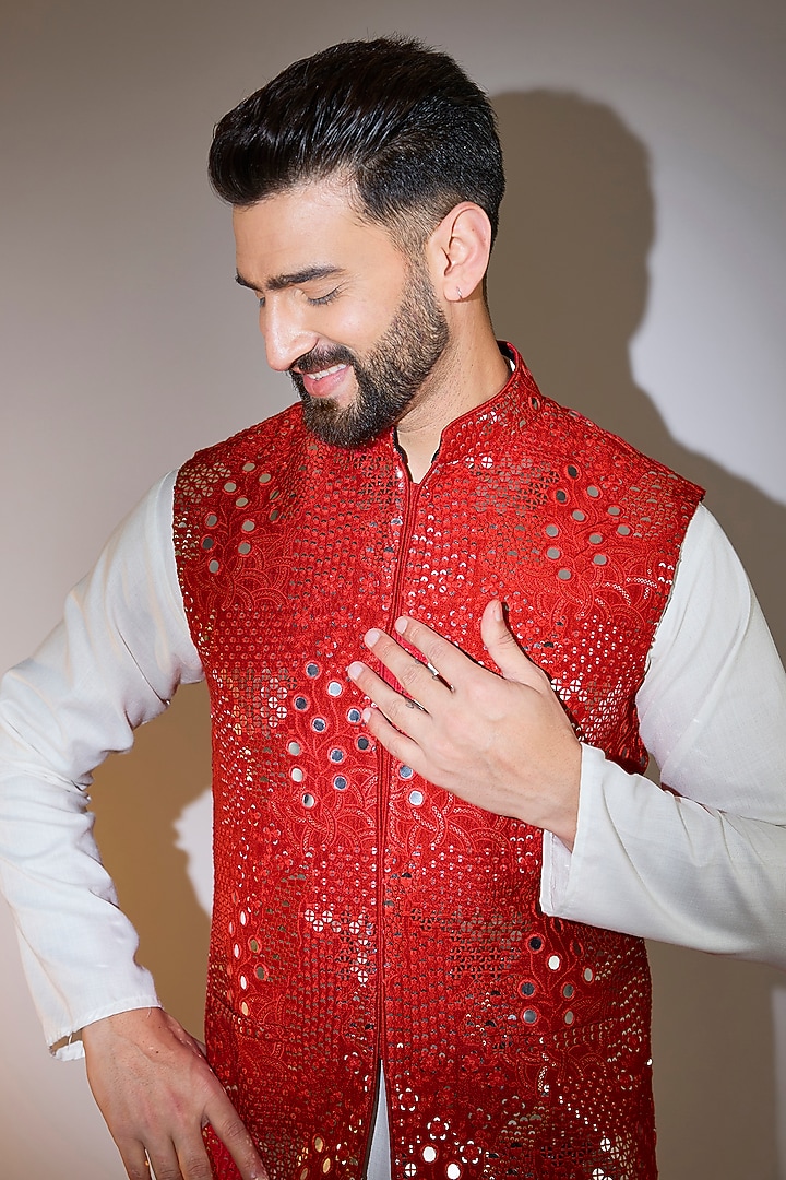 Red Silk Mirror Embellished Nehru Jacket by Kasbah Clothing at Pernia's Pop Up Shop