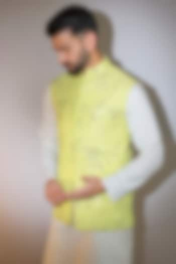 Yellow Silk Mirror Embellished Nehru Jacket by Kasbah Clothing