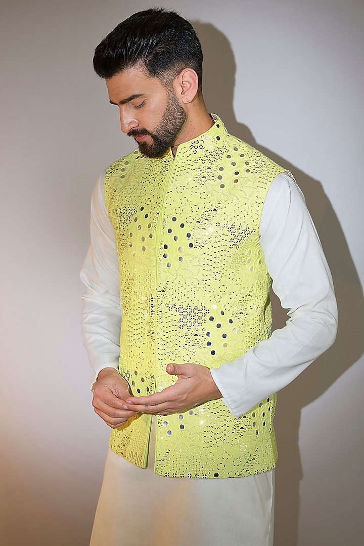 Yellow Silk Mirror Embellished Nehru Jacket by Kasbah Clothing