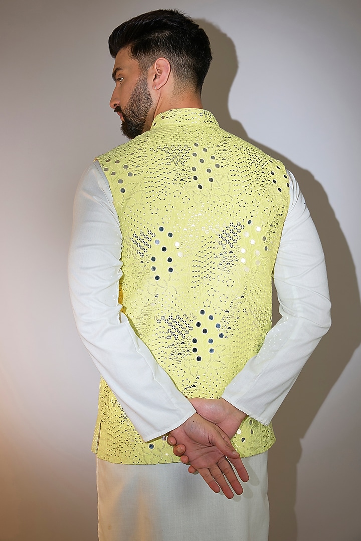 Yellow Silk Mirror Embellished Nehru Jacket by Kasbah Clothing at Pernia's Pop Up Shop