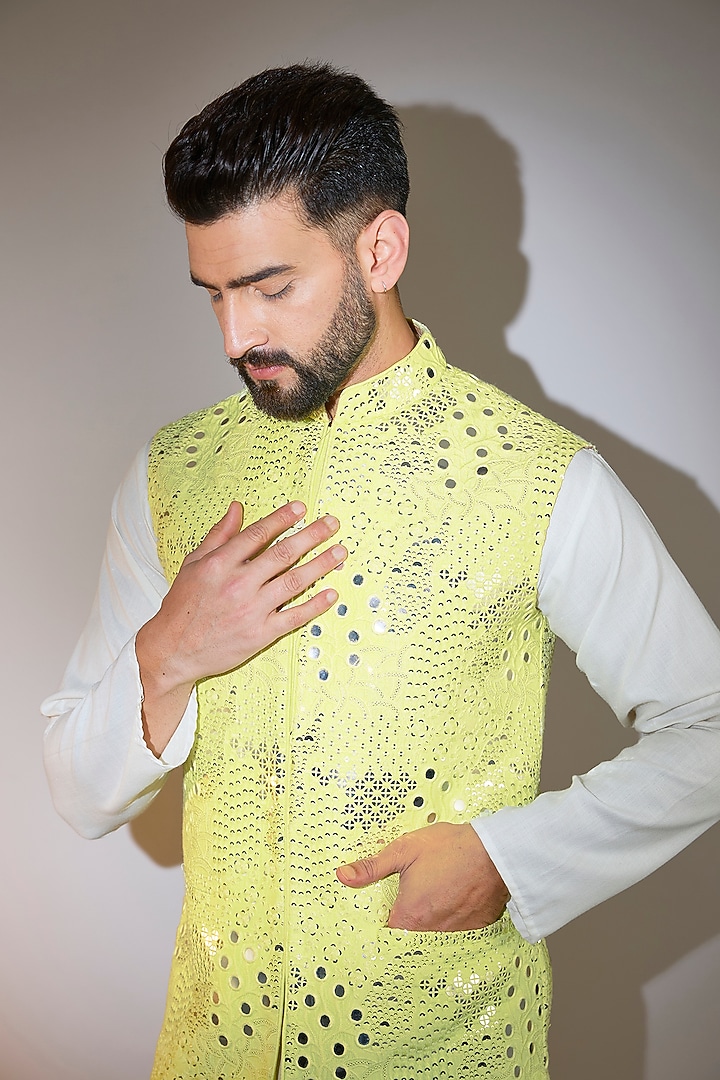Yellow Silk Mirror Embellished Nehru Jacket by Kasbah Clothing at Pernia's Pop Up Shop