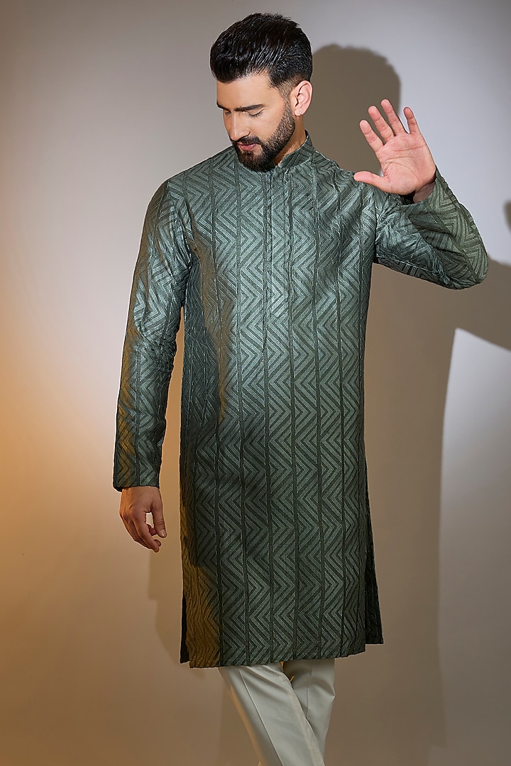 Military Green Silk Thread Embroidered Chikankari Kurta by Kasbah Clothing