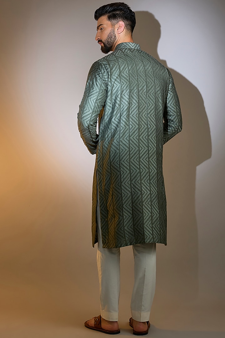 Military Green Silk Thread Embroidered Chikankari Kurta by Kasbah Clothing at Pernia's Pop Up Shop