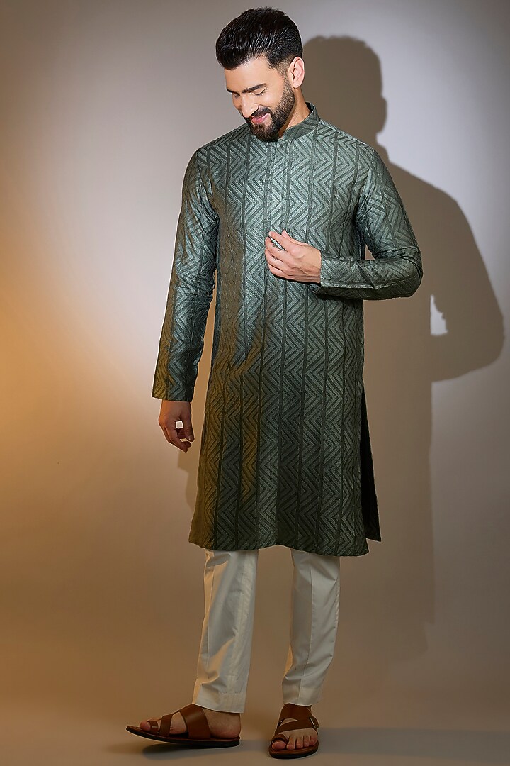 Military Green Silk Thread Embroidered Chikankari Kurta by Kasbah Clothing at Pernia's Pop Up Shop