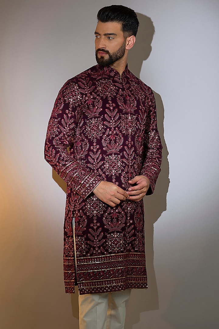 Wine Georgette Thread Embroidered Chikankari Kurta by Kasbah Clothing