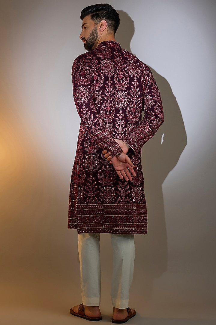 Wine Georgette Thread Embroidered Chikankari Kurta by Kasbah Clothing at Pernia's Pop Up Shop