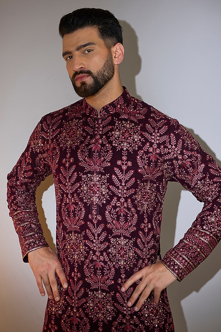 Wine Georgette Thread Embroidered Chikankari Kurta by Kasbah Clothing at Pernia's Pop Up Shop