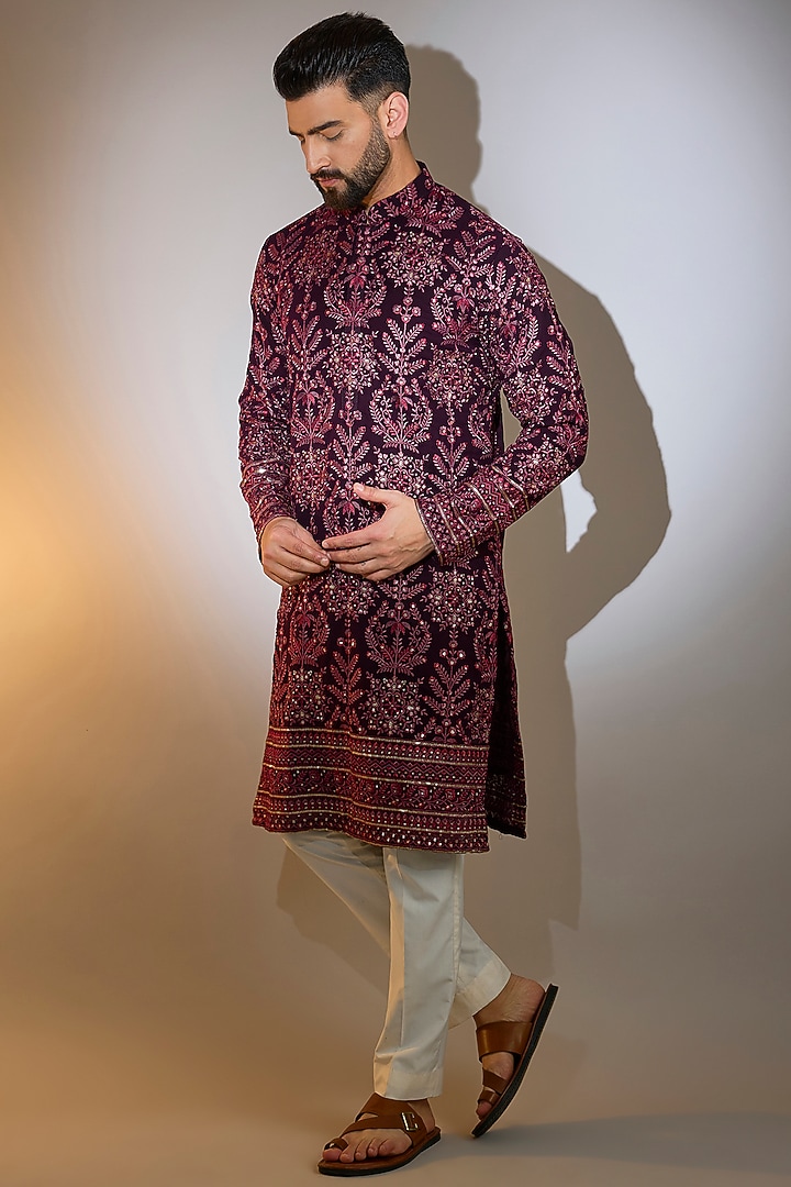 Wine Georgette Thread Embroidered Chikankari Kurta by Kasbah Clothing at Pernia's Pop Up Shop