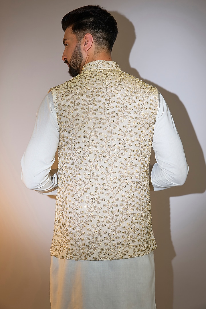 Beige-Cream Viscose Tissue Cutdana Embellished Nehru Jacket by Kasbah Clothing at Pernia's Pop Up Shop