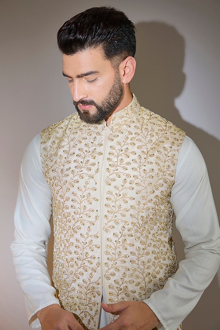 Beige-Cream Viscose Tissue Cutdana Embellished Nehru Jacket by Kasbah Clothing at Pernia's Pop Up Shop